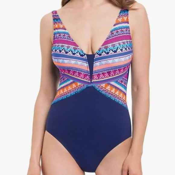 Gottex Printed Tapestry Women's V-neck tummy control one-piece swimsuit size 8 - Picture 1 of 8